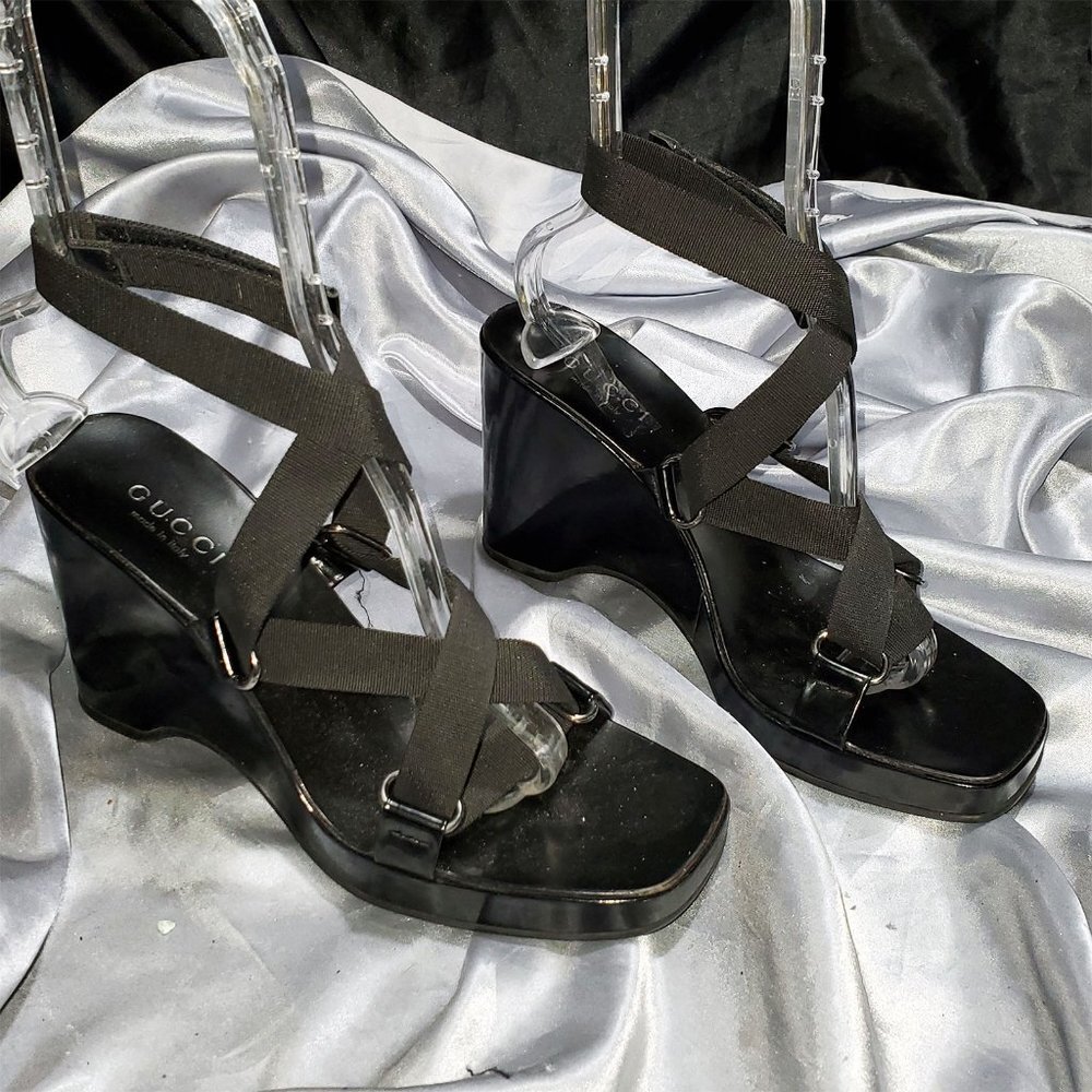 GUCCI wrap up strappy wedge platform heels